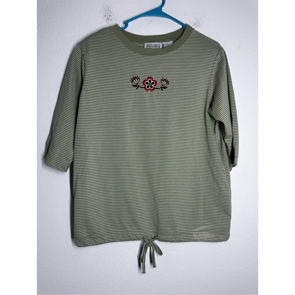 Vintage Jaclyn Smith Sport Striped Tie Hem Shirt Floral Embroidery Size M Green